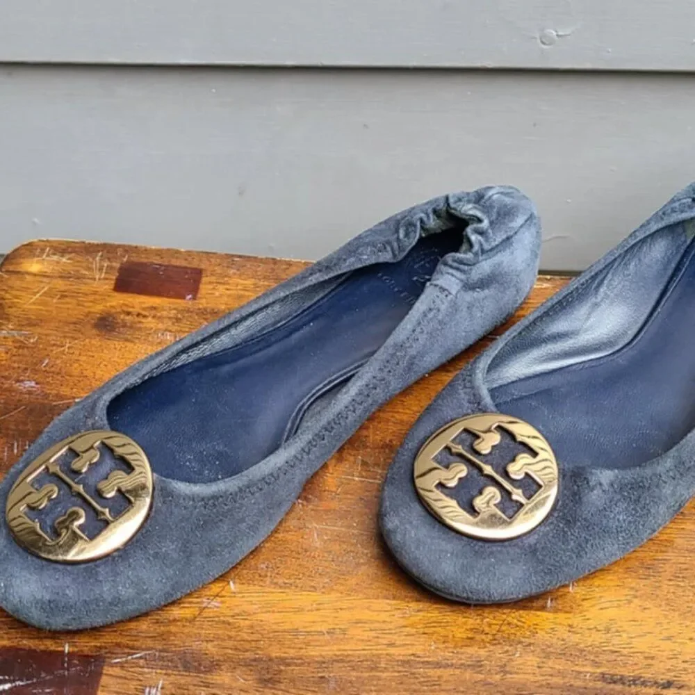 Tory Burch Navy Suede Reva Flats with Logo size 8